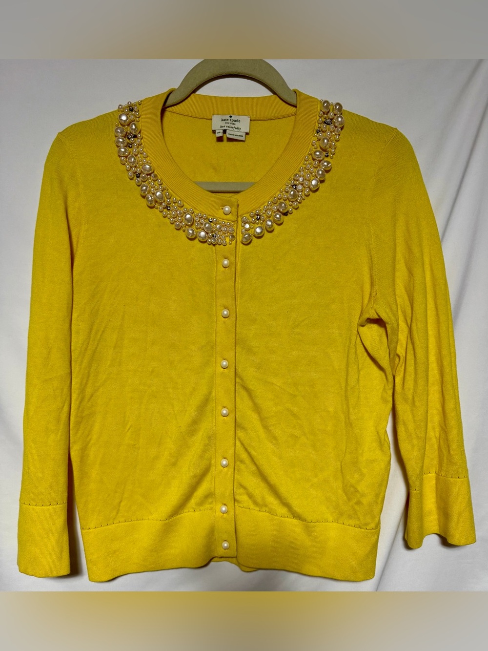 Kate Spade New York Tula Lemon Cotton Beaded Pearl Round Neck Cardigan, Sz M